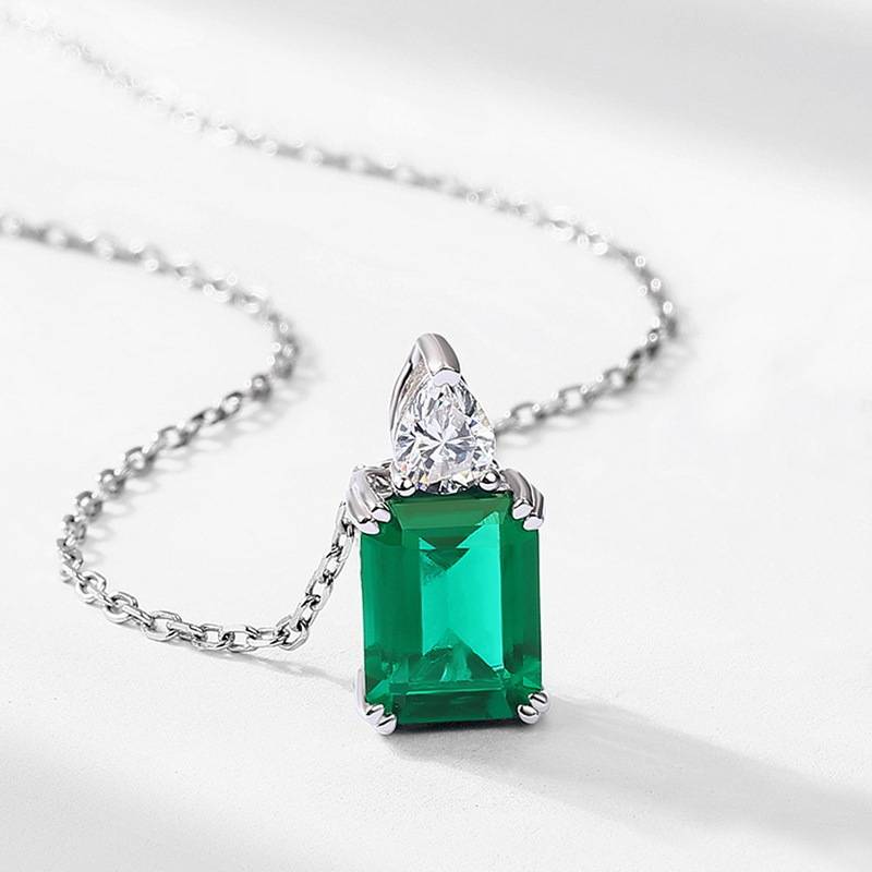 P0320款S925银镀18K白金祖母绿切割培育彩宝Necklace主石9*7mmmm/3.0ct