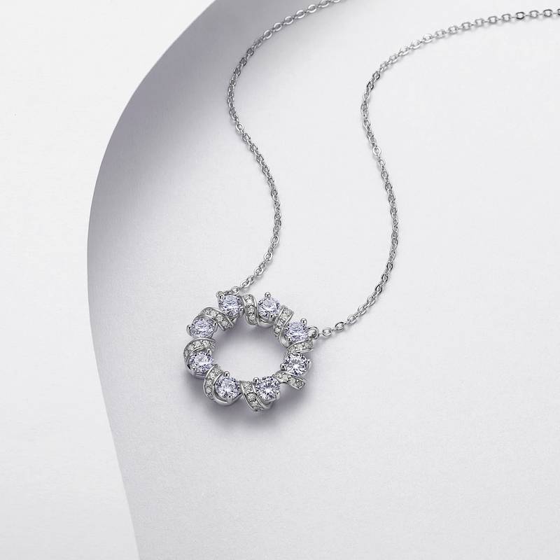 N52588款银镀18K白金圆形莫桑钻闪耀星环项链2.1ct