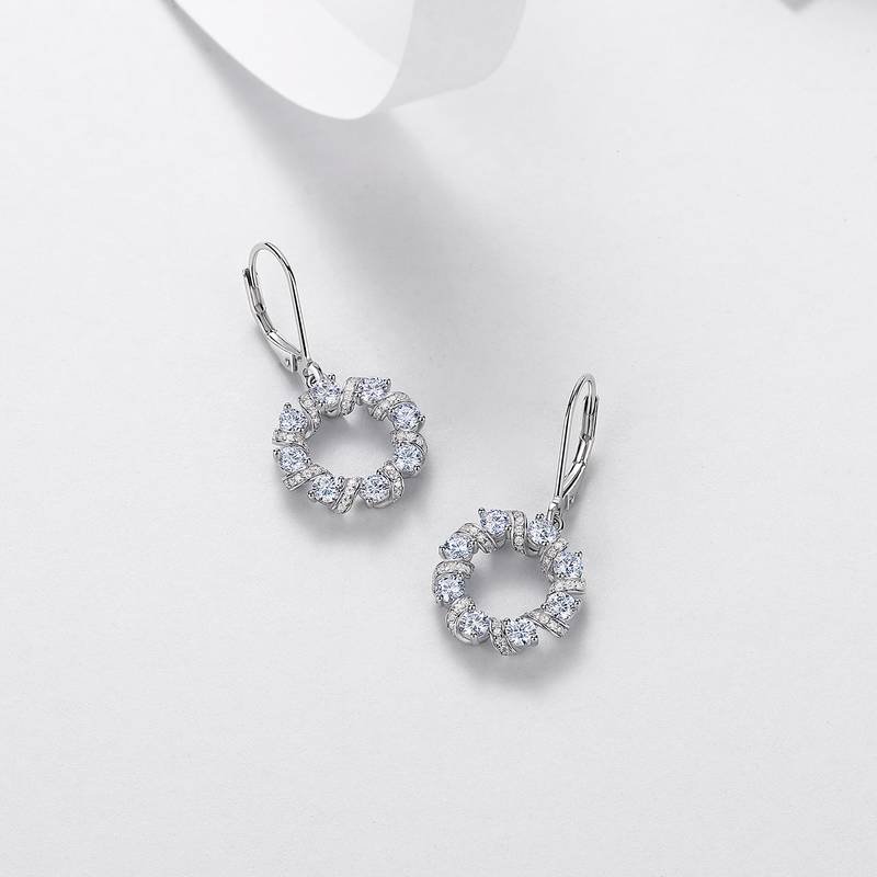 E52587-BMC款银镀18K白金圆形莫桑钻闪耀星环耳环2.37ct