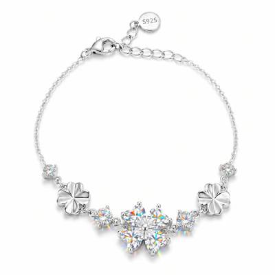 B12537-BMC Silver Plated 18White Gold HeartMoissanite Lucky Clover Bracelet 3.2ct