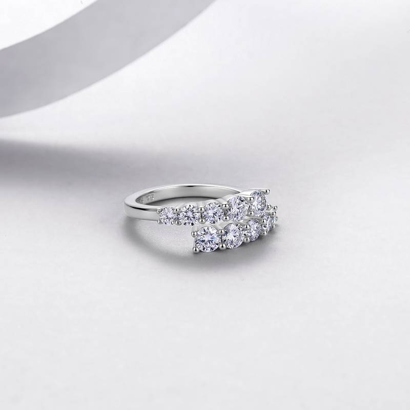 R52554款银镀18K白金双排莫桑钻轻奢开口排戒1.2ct