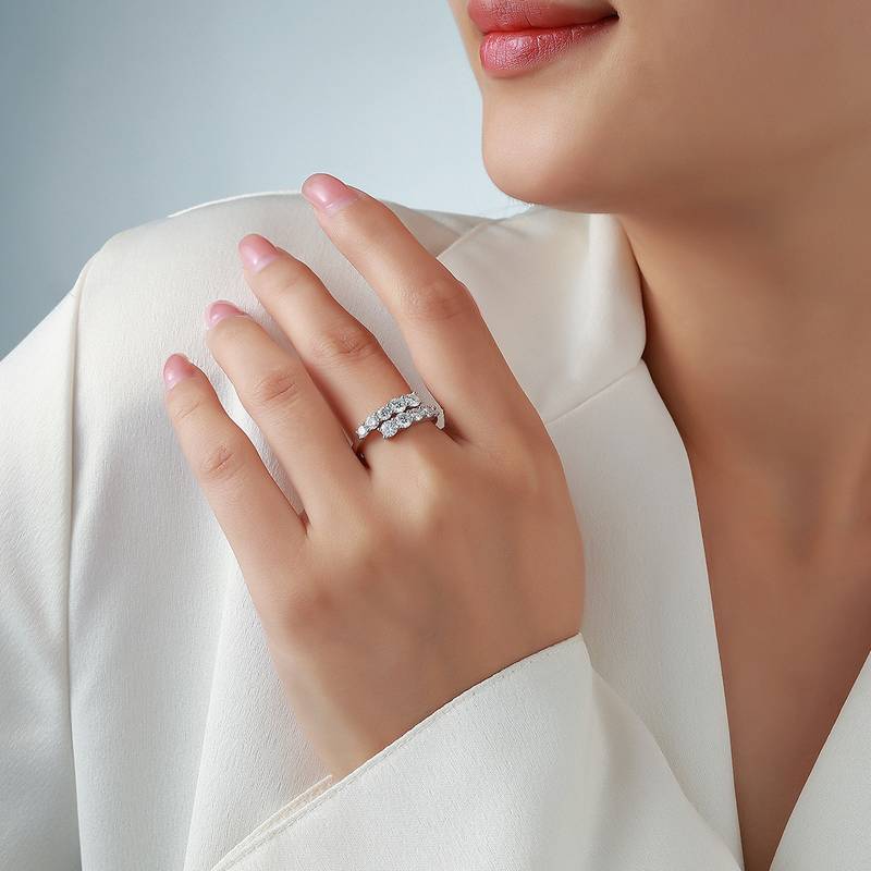 R52554款银镀18K白金双排莫桑钻轻奢开口排戒1.2ct