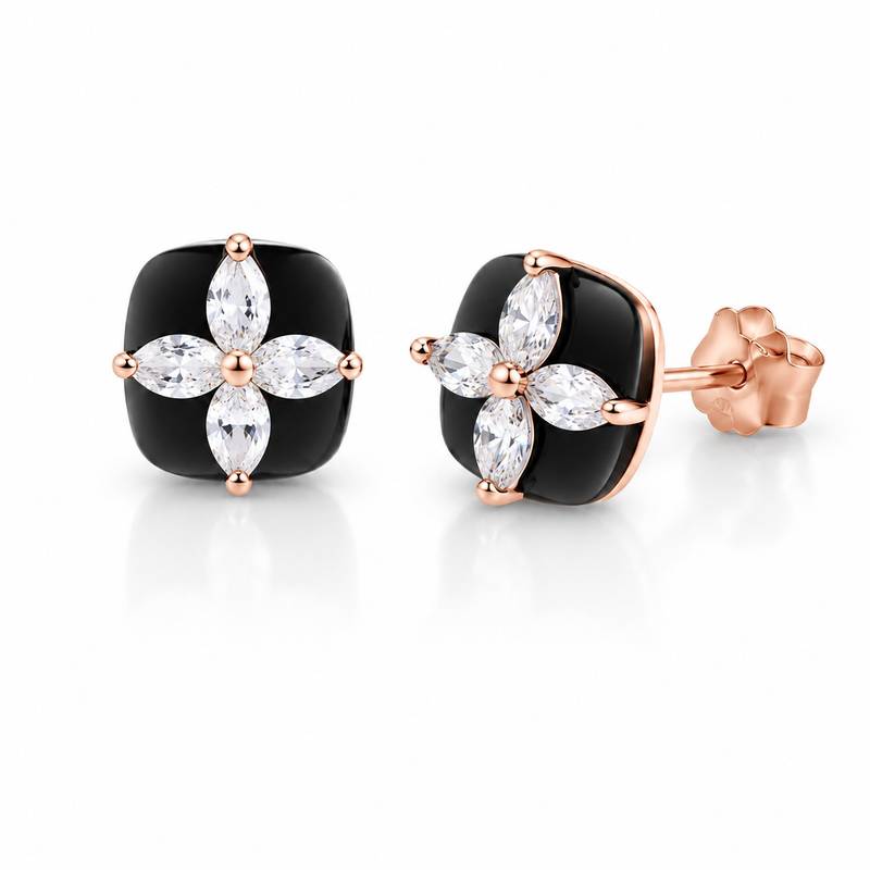 E12528款银镀18K白金马眼形莫桑钻四叶草黑色滴胶耳钉0.8ct