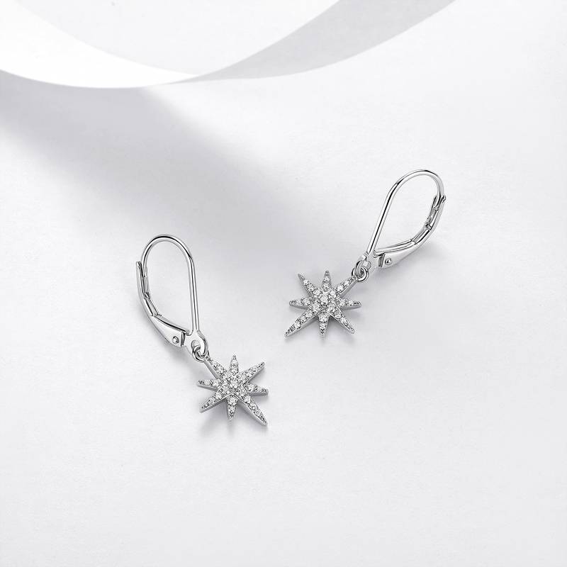 E52582-BMC款银镀18K白金圆形莫桑钻八芒星耳环0.4ct