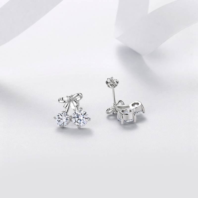 E12533-BMC款银镀18K白金圆形莫桑钻可爱樱桃耳钉2.6ct