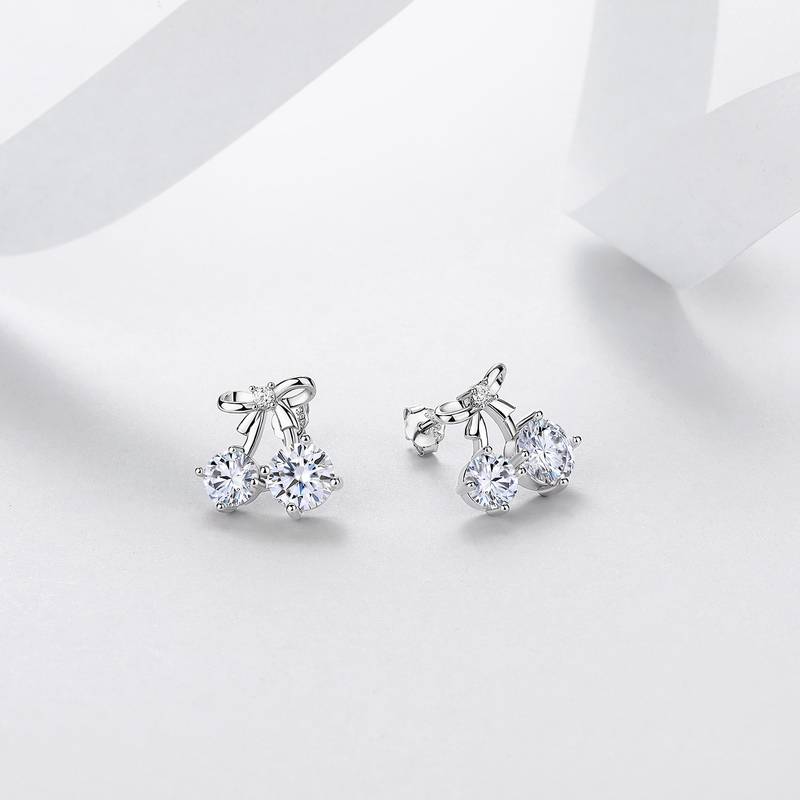 E12533-BMC款银镀18K白金圆形莫桑钻可爱樱桃耳钉2.6ct