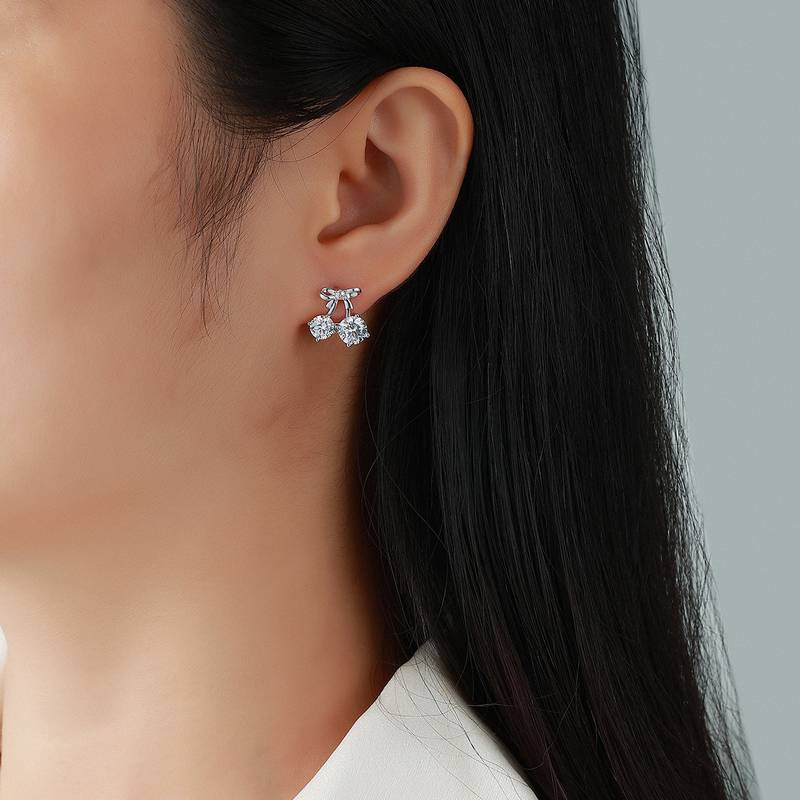 E12533-BMC款银镀18K白金圆形莫桑钻可爱樱桃耳钉2.6ct