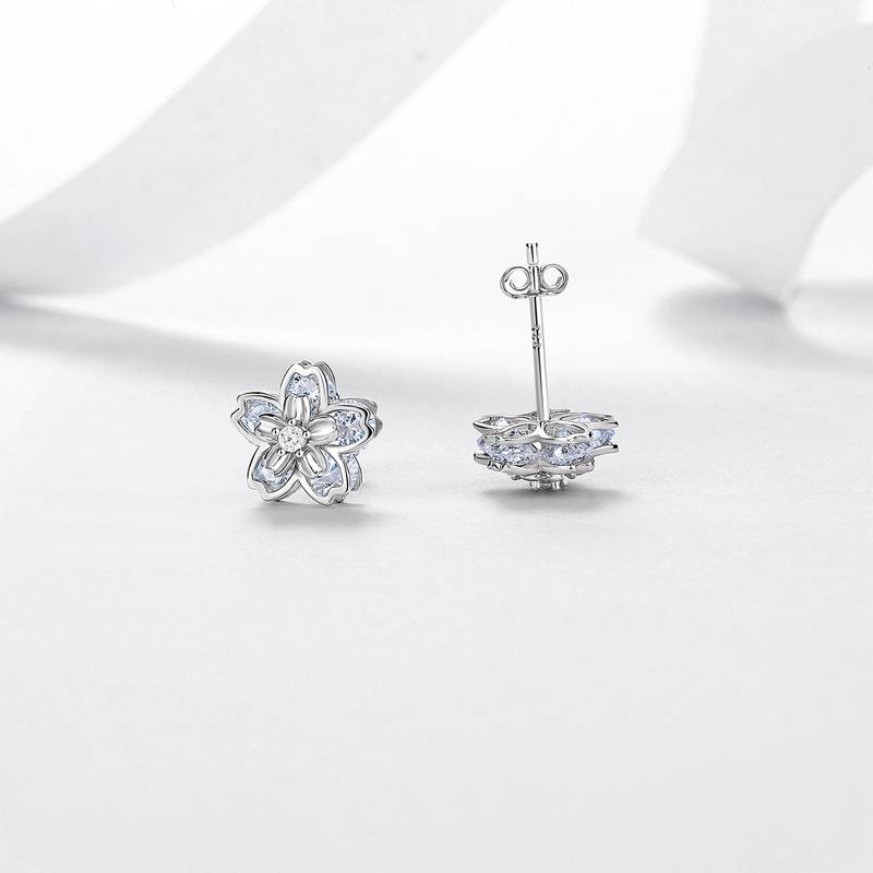 E12534-BMC款银镀18K白金圆形莫桑钻浪漫樱花小清新耳钉2.06ct