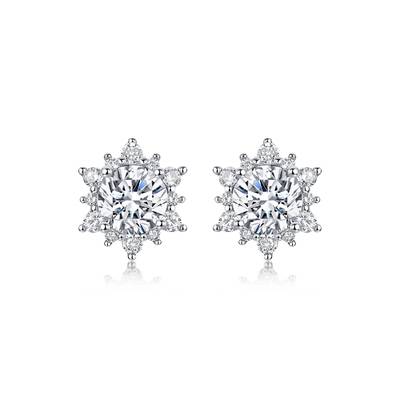 E12535-BMC款银镀18K白金圆形莫桑钻轻奢雪花围镶耳钉2.48ct