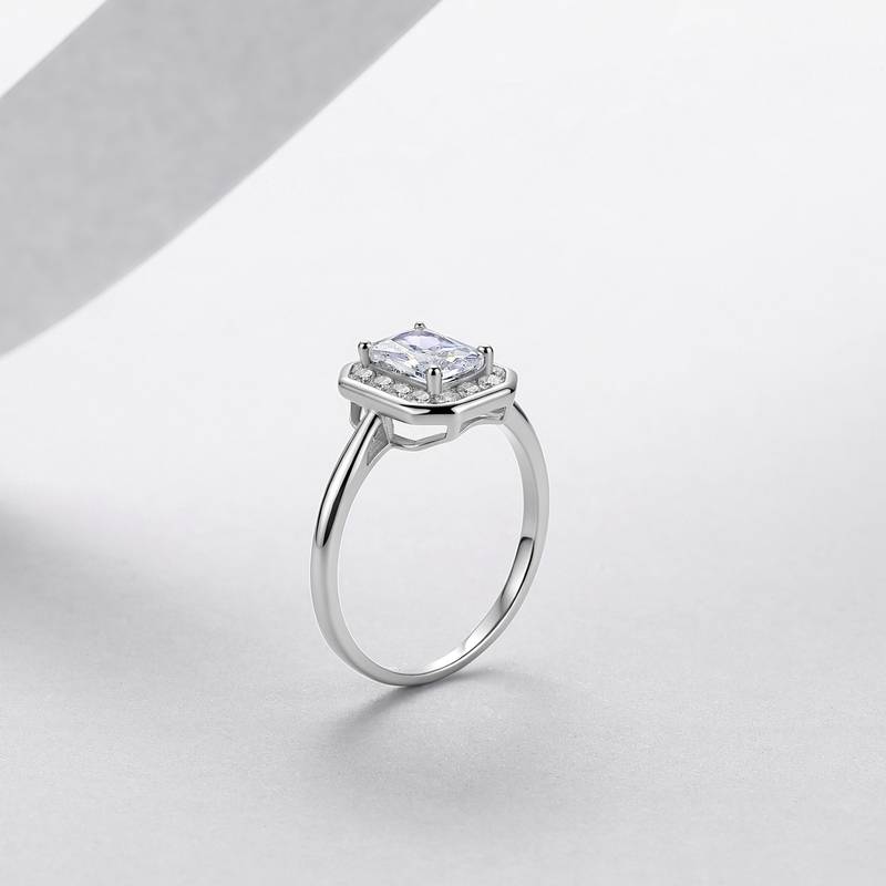 R52536-BMC款银镀18K白金雷迪恩形莫桑钻轻奢女戒1.3ct