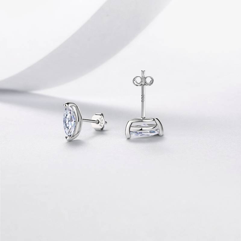 E52565-BMC款银镀18K白金马眼形莫桑钻简约耳钉主石0.5ct*2