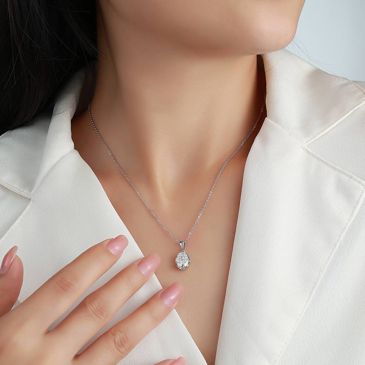 N52539-BMC款银镀18K白金蛋形莫桑钻项链2.0ct