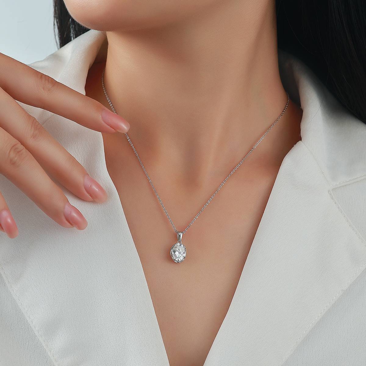 N52539-BMC款银镀18K白金蛋形莫桑钻项链2.0ct