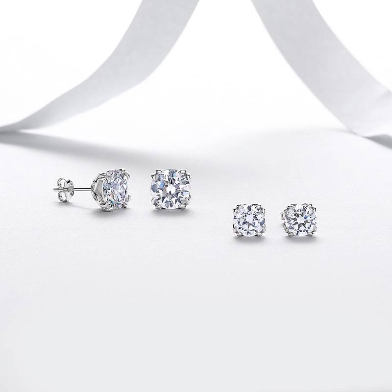 E52590-2ct-BMC款银镀18K白金圆形莫桑钻八爪镶闪耀耳钉2.0ct*2
