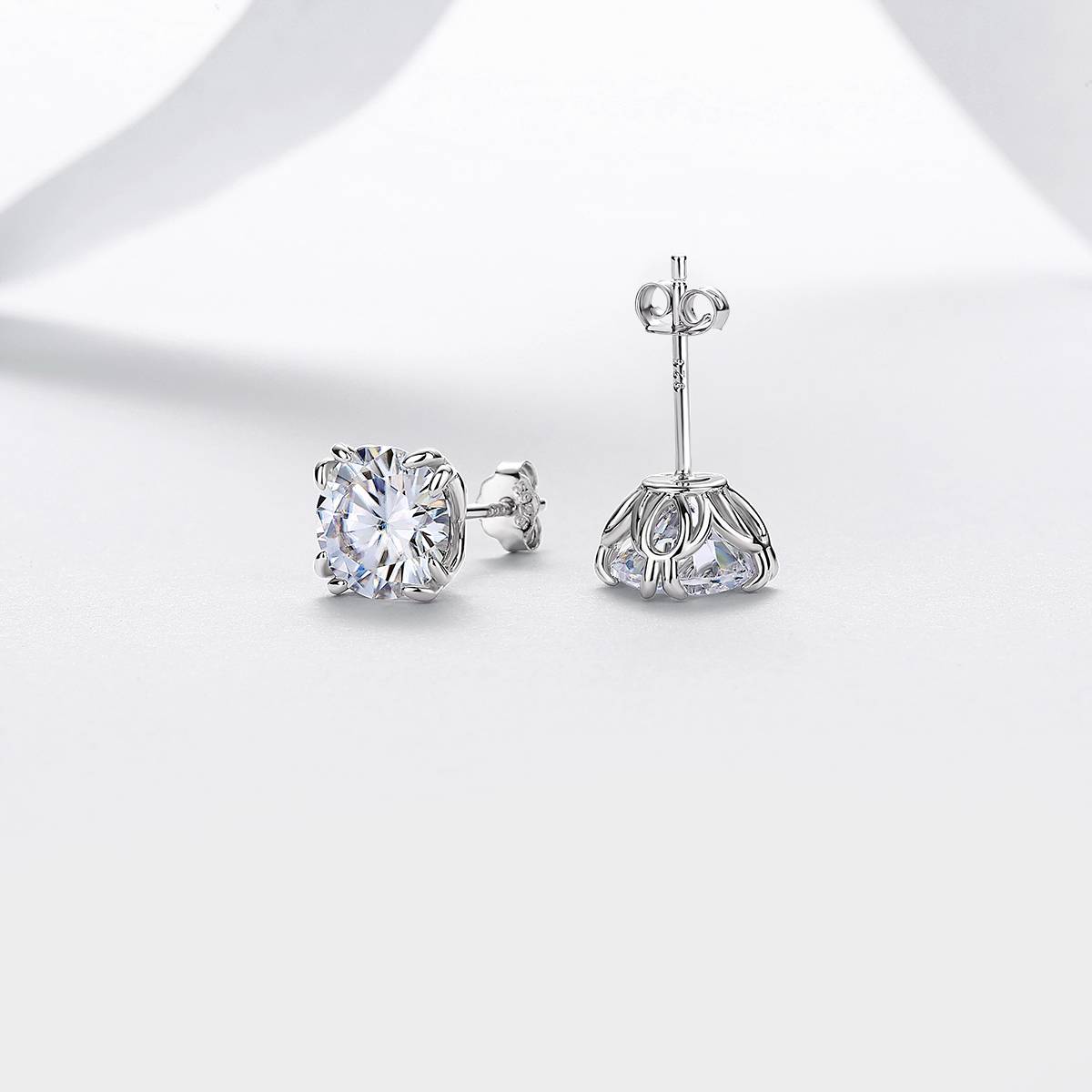 E52590-2ct-BMC款银镀18K白金圆形莫桑钻八爪镶闪耀耳钉2.0ct*2