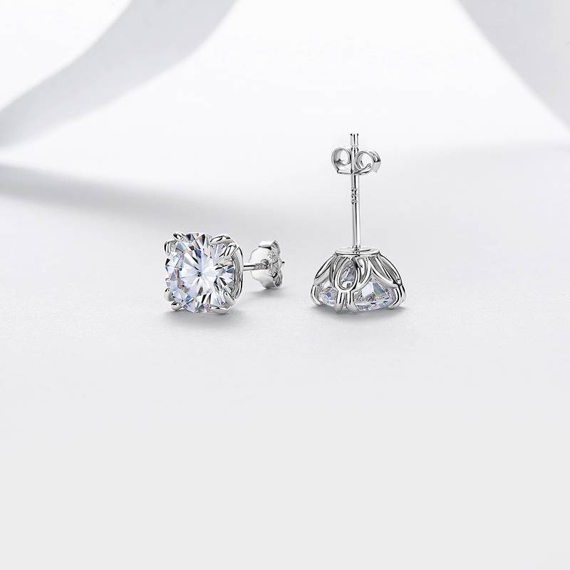 E52590-2ct-BMC款银镀18K白金圆形莫桑钻八爪镶闪耀耳钉2.0ct*2