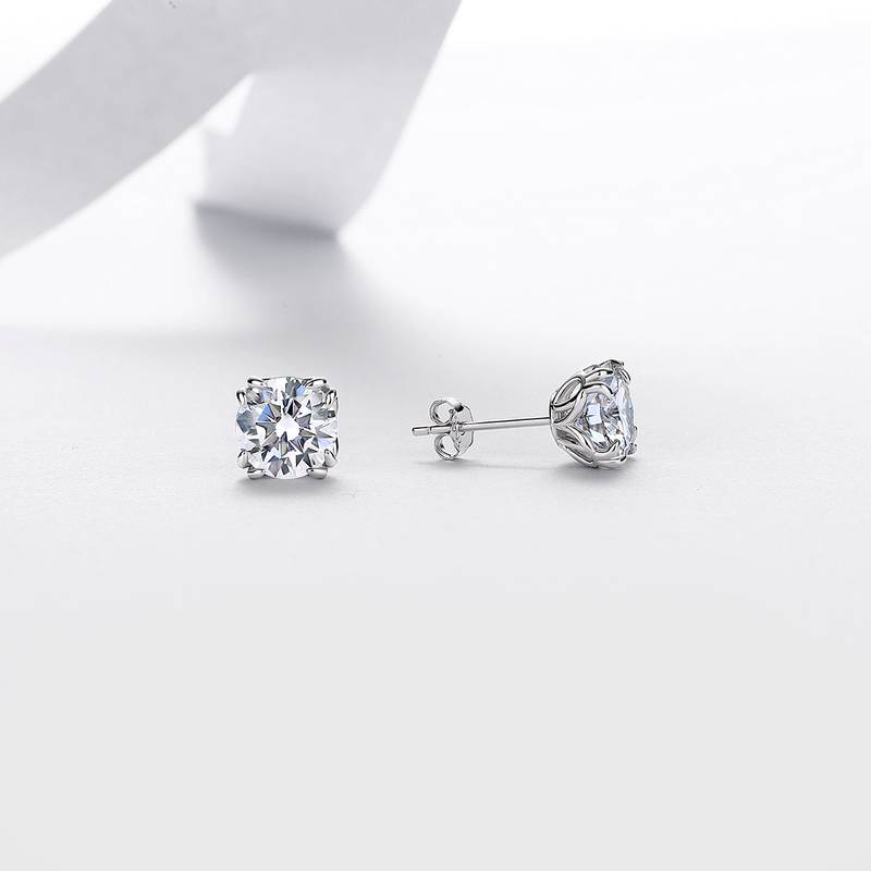 E52590-2ct-BMC款银镀18K白金圆形莫桑钻八爪镶闪耀耳钉2.0ct*2