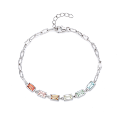 UCB0002- Bordered rectangular six treasure plated 18White Gold LAB Gemstone bracelet 5 * 3mm/piece
