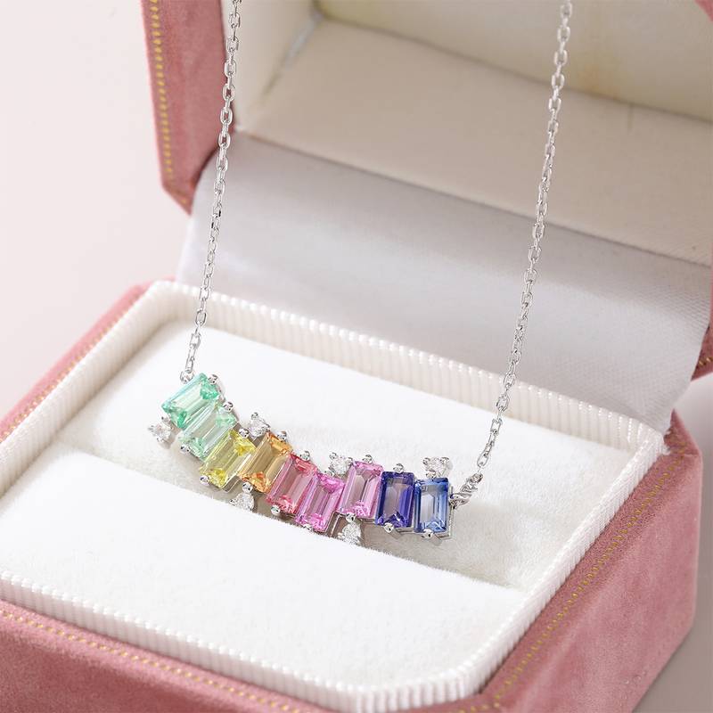 LCB0024-遇见彩虹款银镀18K白金长方形培育彩宝MoissaniteNecklace3.15ct