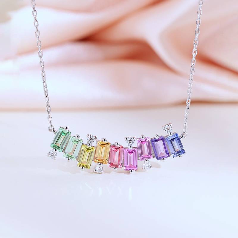 LCB0024-遇见彩虹款银镀18K白金长方形培育彩宝MoissaniteNecklace3.15ct