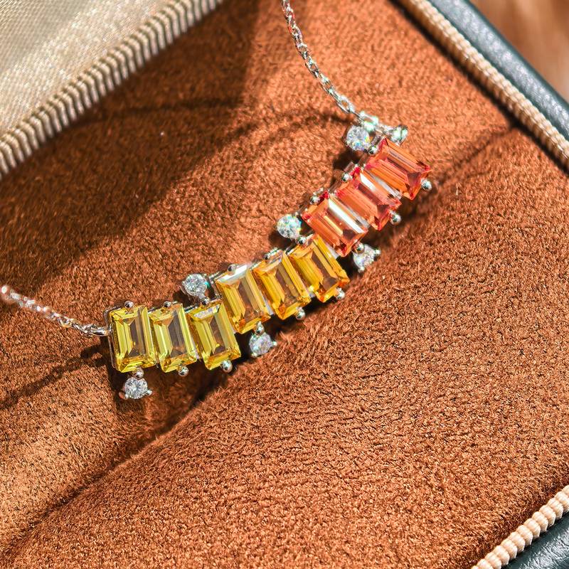 LCB0024-遇见彩虹款银镀18K白金长方形培育彩宝MoissaniteNecklace3.15ct