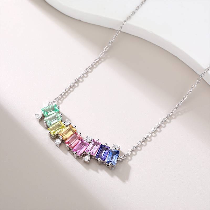 LCB0024-遇见彩虹款银镀18K白金长方形培育彩宝MoissaniteNecklace3.15ct