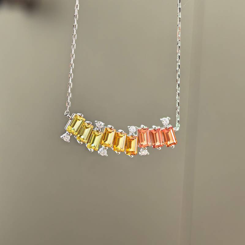 LCB0024-遇见彩虹款银镀18K白金长方形培育彩宝MoissaniteNecklace3.15ct