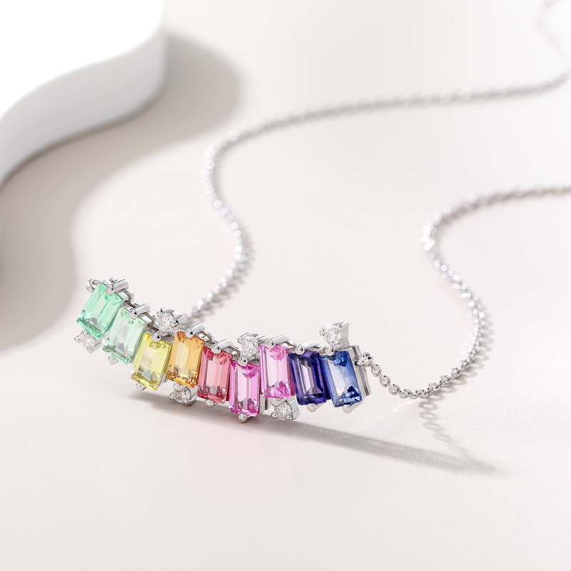 LCB0024-遇见彩虹款银镀18K白金长方形培育彩宝MoissaniteNecklace3.15ct