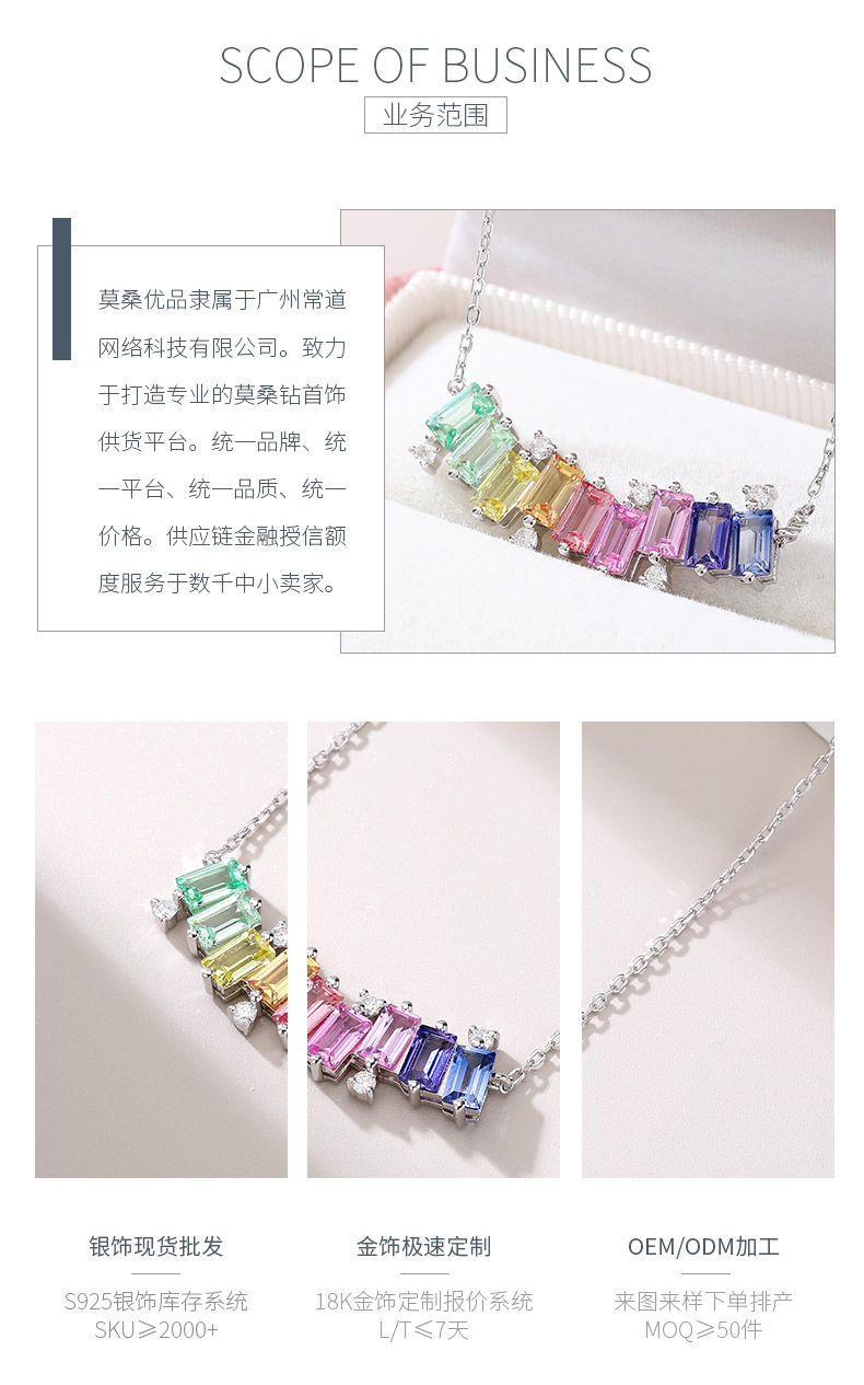 LCB0024-遇见彩虹款银镀18K白金长方形培育彩宝莫桑钻项链3.15CT - 3