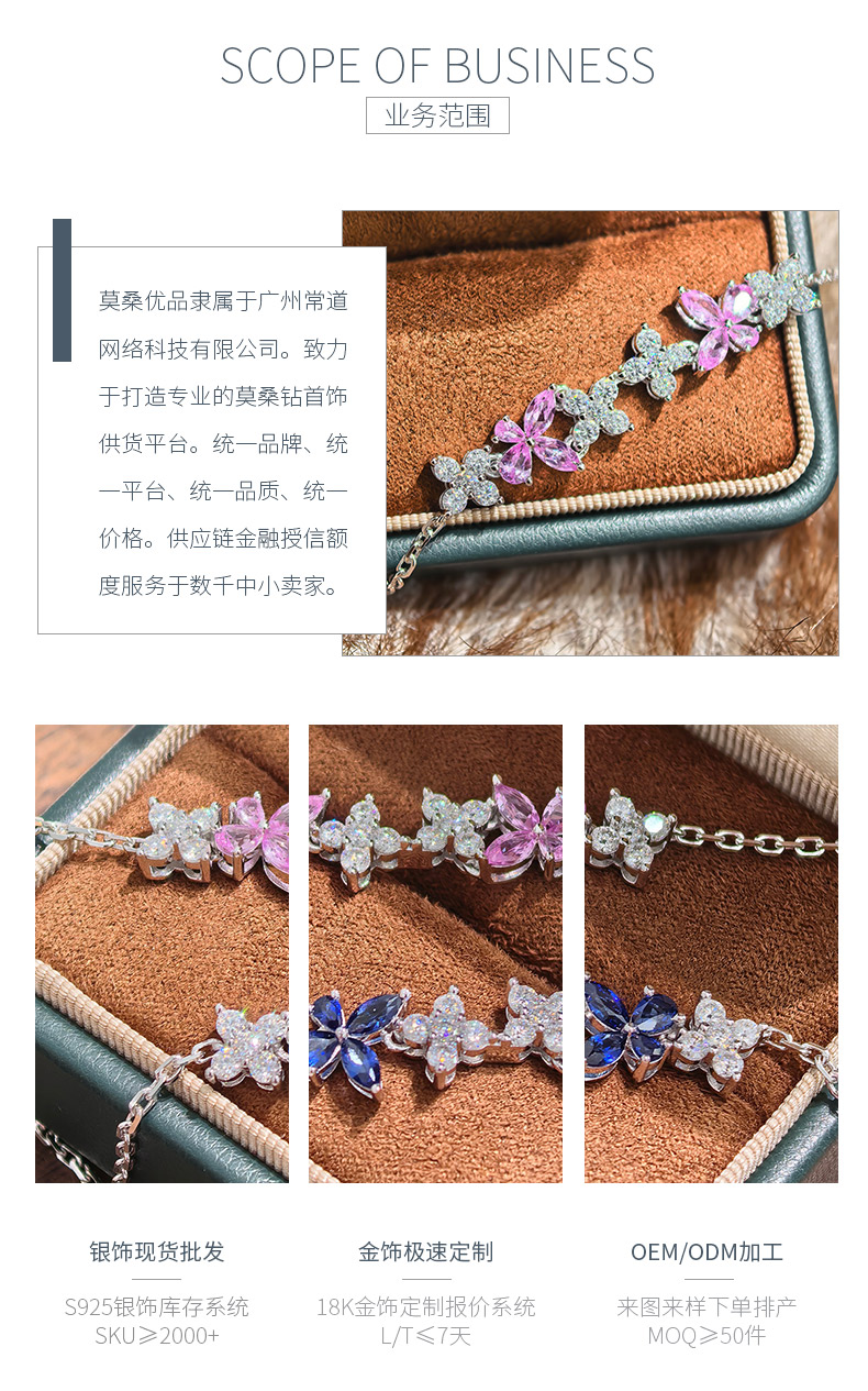 UCB0185-腕间碎钻蝶花镀18K白金培育彩宝莫桑钻手链9.2ct - 3