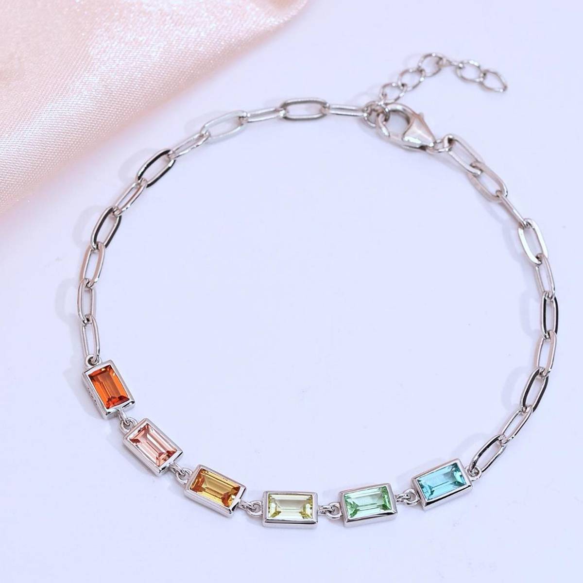 UCB0002-包边长方六宝款镀18K白金培育彩宝Bracelet5*3mmmm/粒