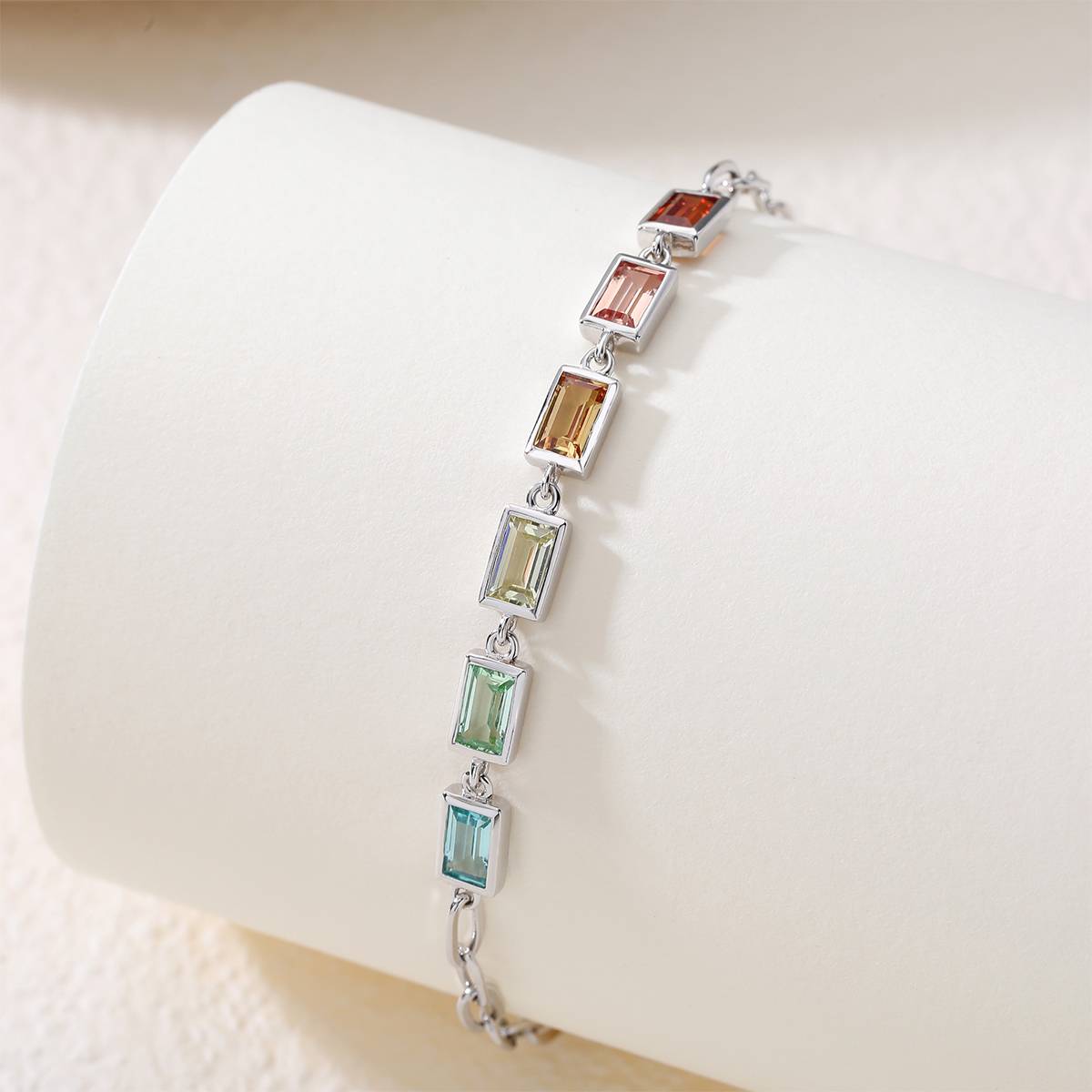 UCB0002-包边长方六宝款镀18K白金培育彩宝Bracelet5*3mmmm/粒