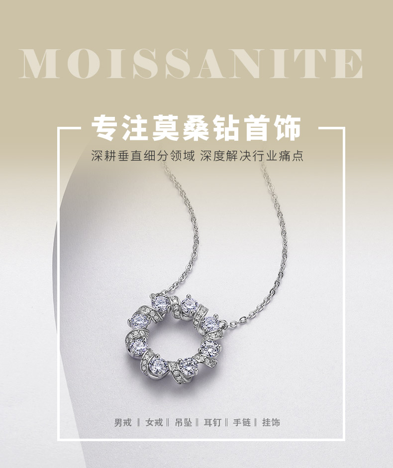 N52588款银镀18K白金圆形莫桑钻闪耀星环项链2.1ct - 1