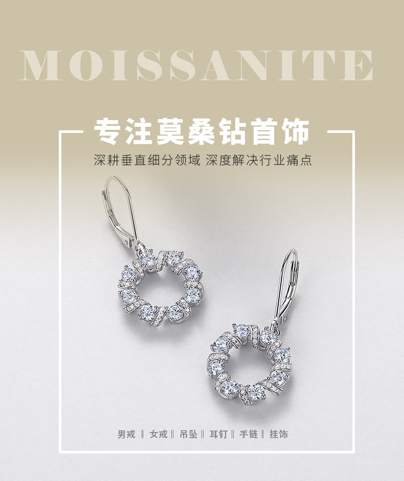 E52587-BMC款银镀18K白金圆形莫桑钻闪耀星环耳环2.37ct - 1