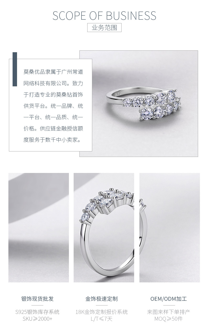 R52554款银镀18K白金双排莫桑钻轻奢开口排戒1.2ct - 3
