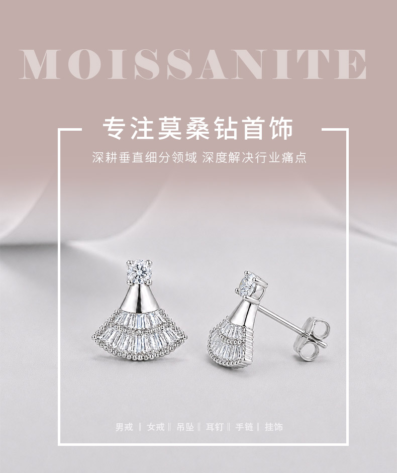 E12521款银镀18K白金梯方形莫桑钻小裙摆耳钉0.54ct - 1