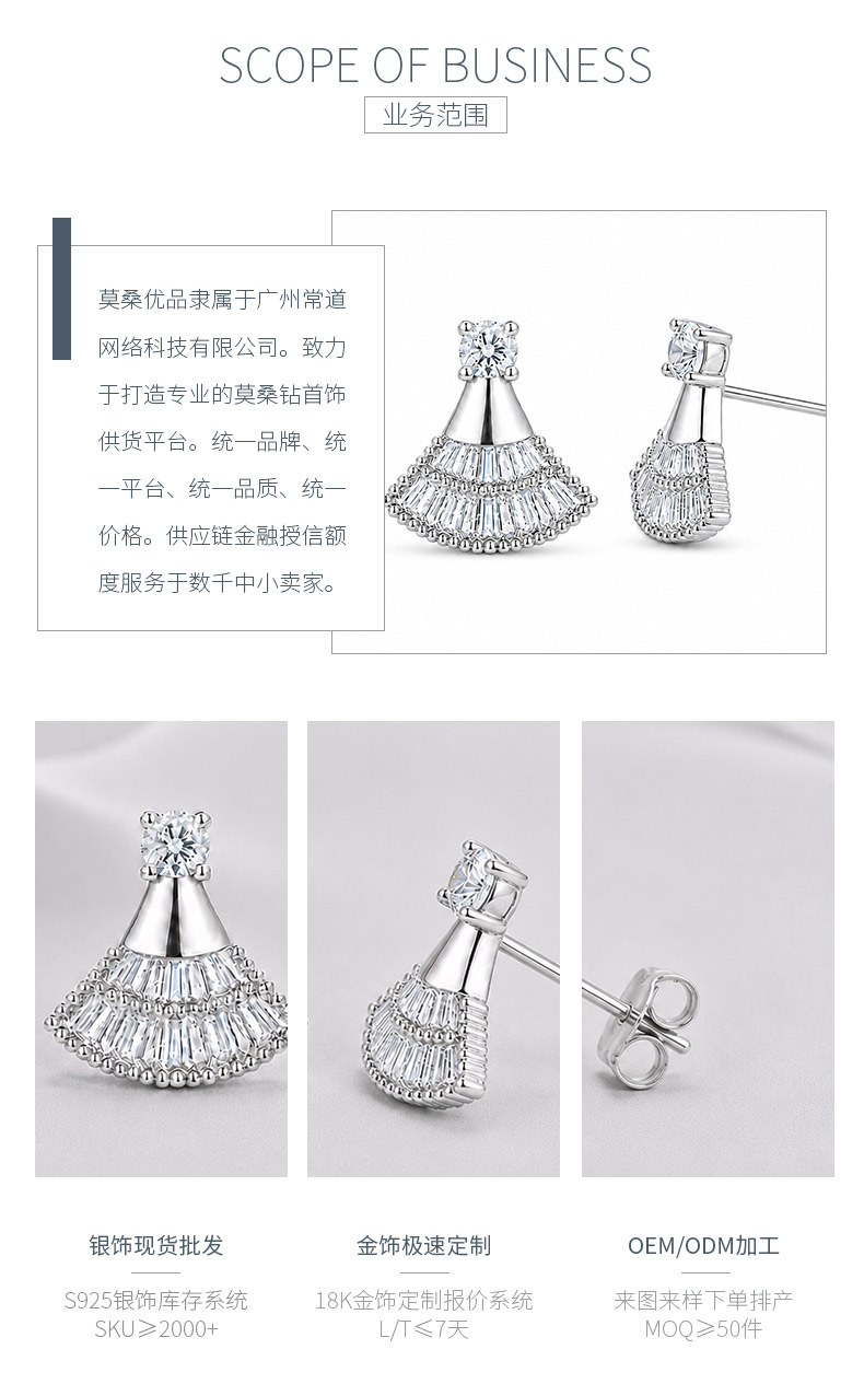 E12521款银镀18K白金梯方形莫桑钻小裙摆耳钉0.54ct - 3
