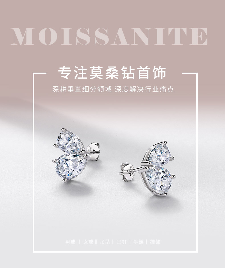 E52620-HMC款银镀18K白金梨形莫桑钻轻奢高级耳钉4.1ct - 1