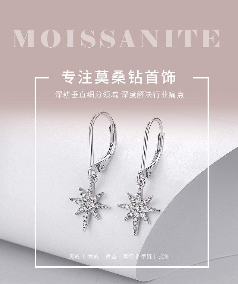 E52582-BMC款银镀18K白金圆形莫桑钻八芒星耳环0.4ct - 1