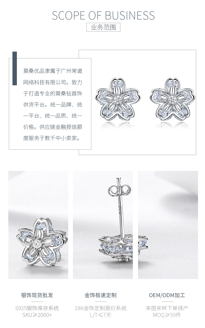 E12534-BMC款银镀18K白金圆形莫桑钻浪漫樱花小清新耳钉2.06ct - 3