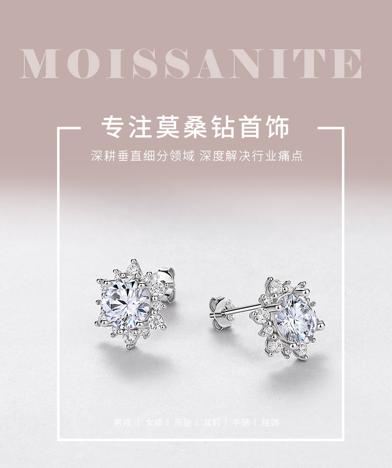 E12535-BMC款银镀18K白金圆形莫桑钻轻奢雪花围镶耳钉2.48ct - 1