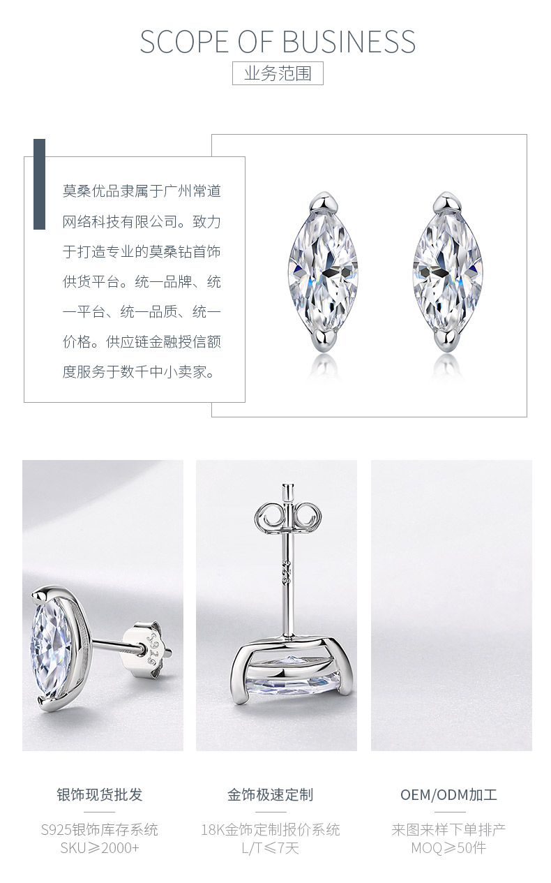 E52565-BMC款银镀18K白金马眼形莫桑钻简约耳钉主石0.5ct*2 - 3