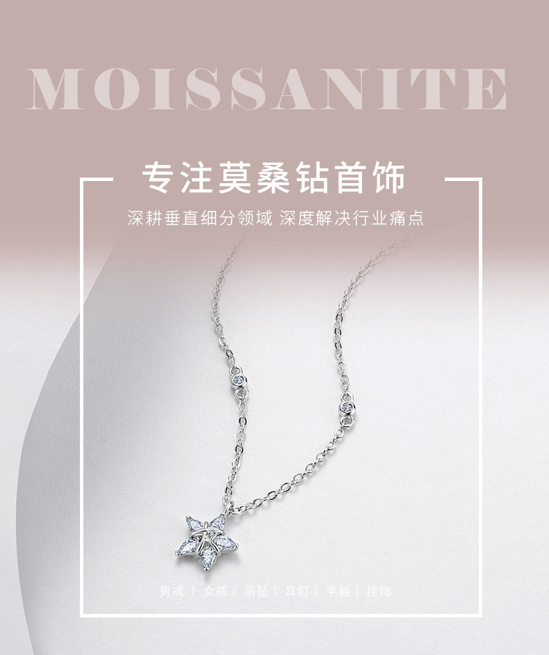 N52615-BMC款银镀18K白金梨形莫桑钻五角星项链0.75ct - 1