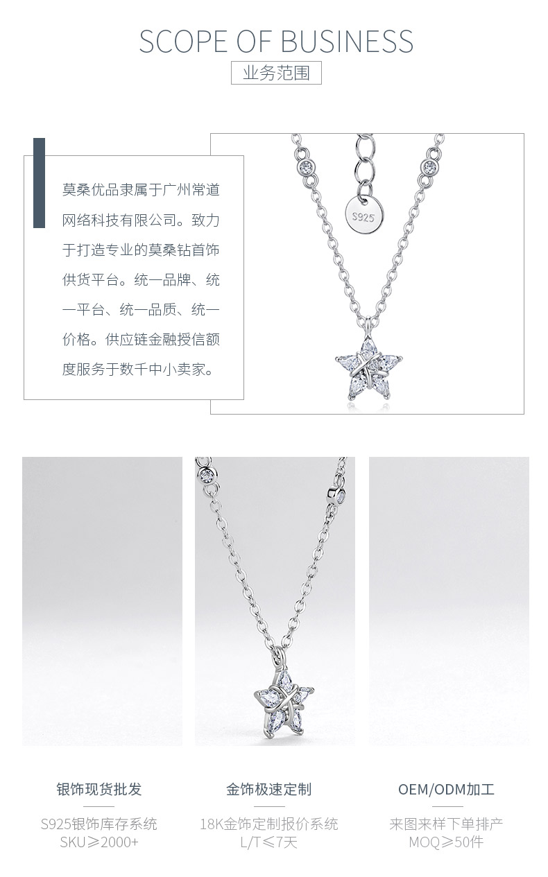 N52615-BMC款银镀18K白金梨形莫桑钻五角星项链0.75ct - 3