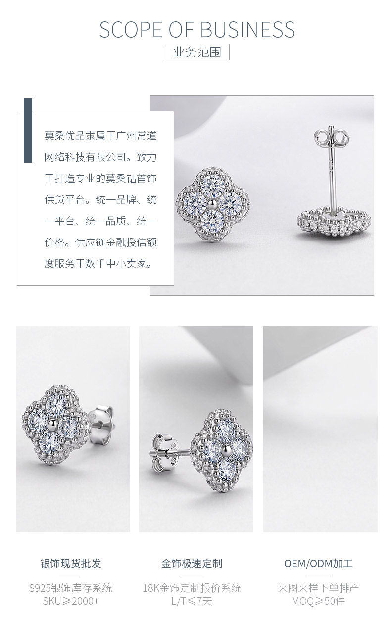 E52570-BMCC款银镀18K白金满镶莫桑钻四叶花耳钉1.04ct - 3
