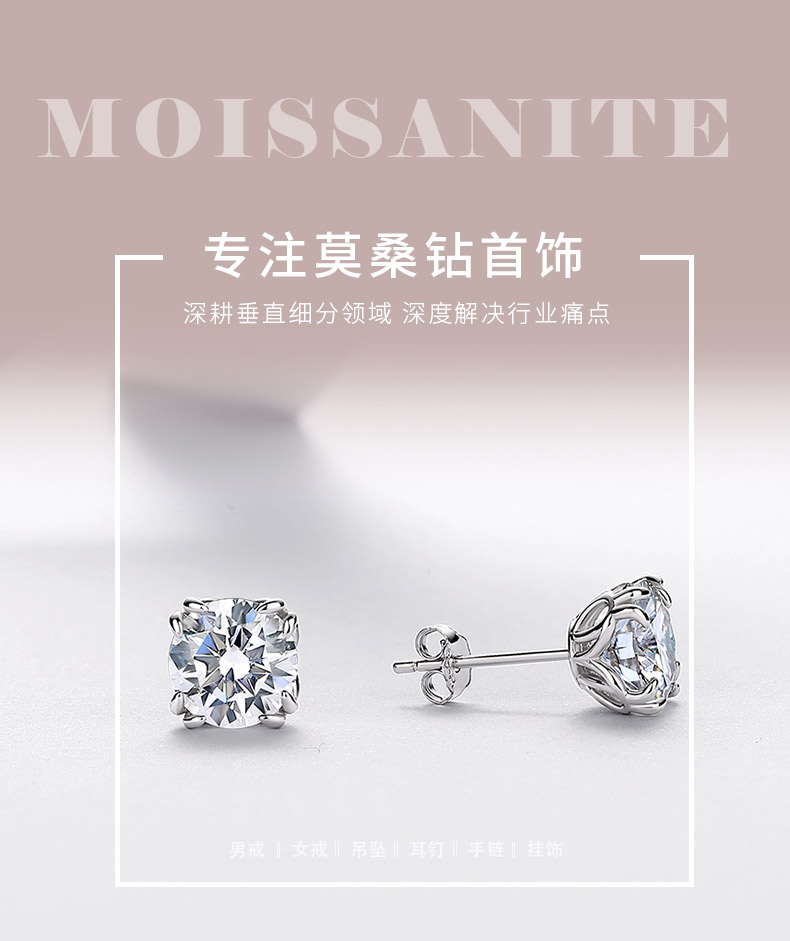 E52590-2ct-BMC款银镀18K白金圆形莫桑钻八爪镶闪耀耳钉2.0ct*2 - 1