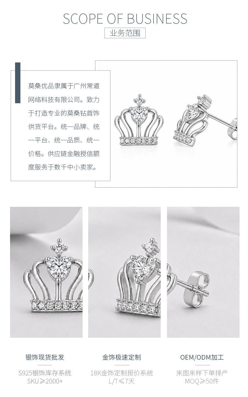 E12524-BMC款银镀18K白金心形莫桑钻童话皇冠耳钉0.95ct - 3