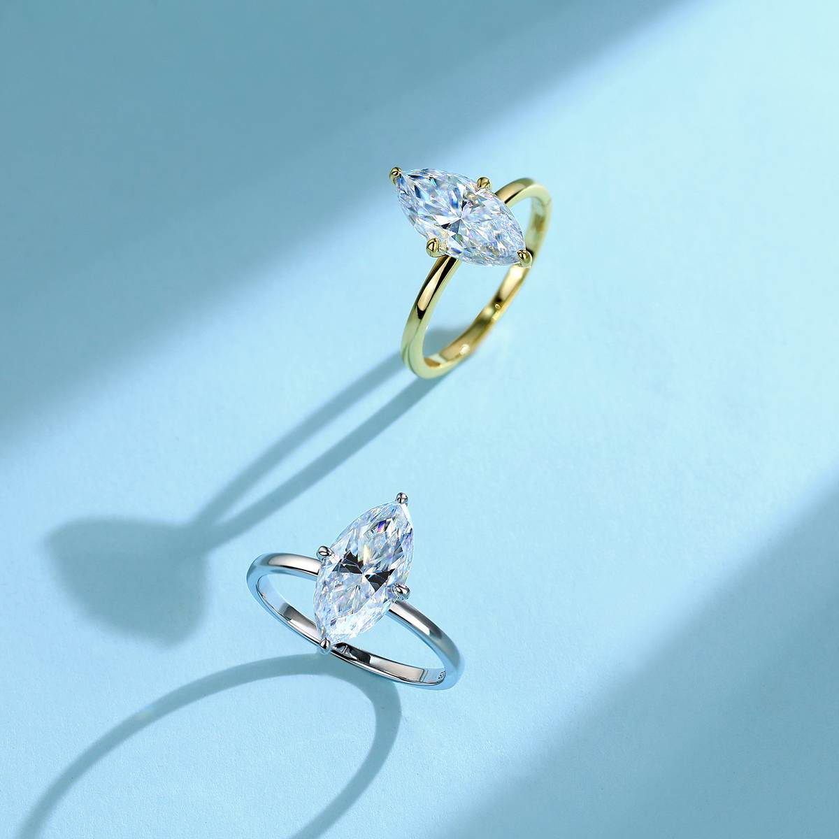 SR0634305款S925银镀18K金马眼形莫桑钻轻奢女戒主石7*14mm/3.0ct