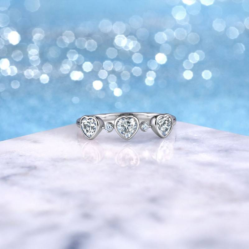 SR0738301款S925银镀18K金心形莫桑钻可爱心连心女戒0.9ct