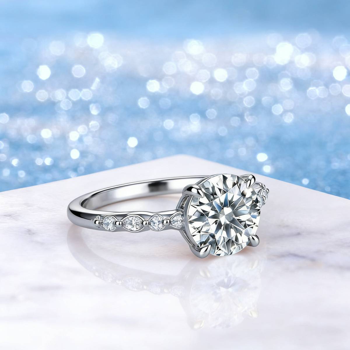SR0649903款S925银镀18K金圆形莫桑钻奢华女戒主石9.0mm/3.0ct